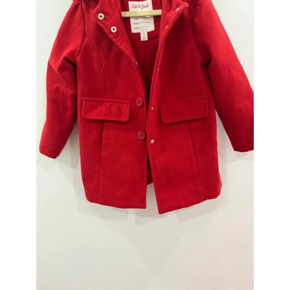 Cat & Jack Bright Red Hooded Pea Coat with Faux Fur Trim 5T kids